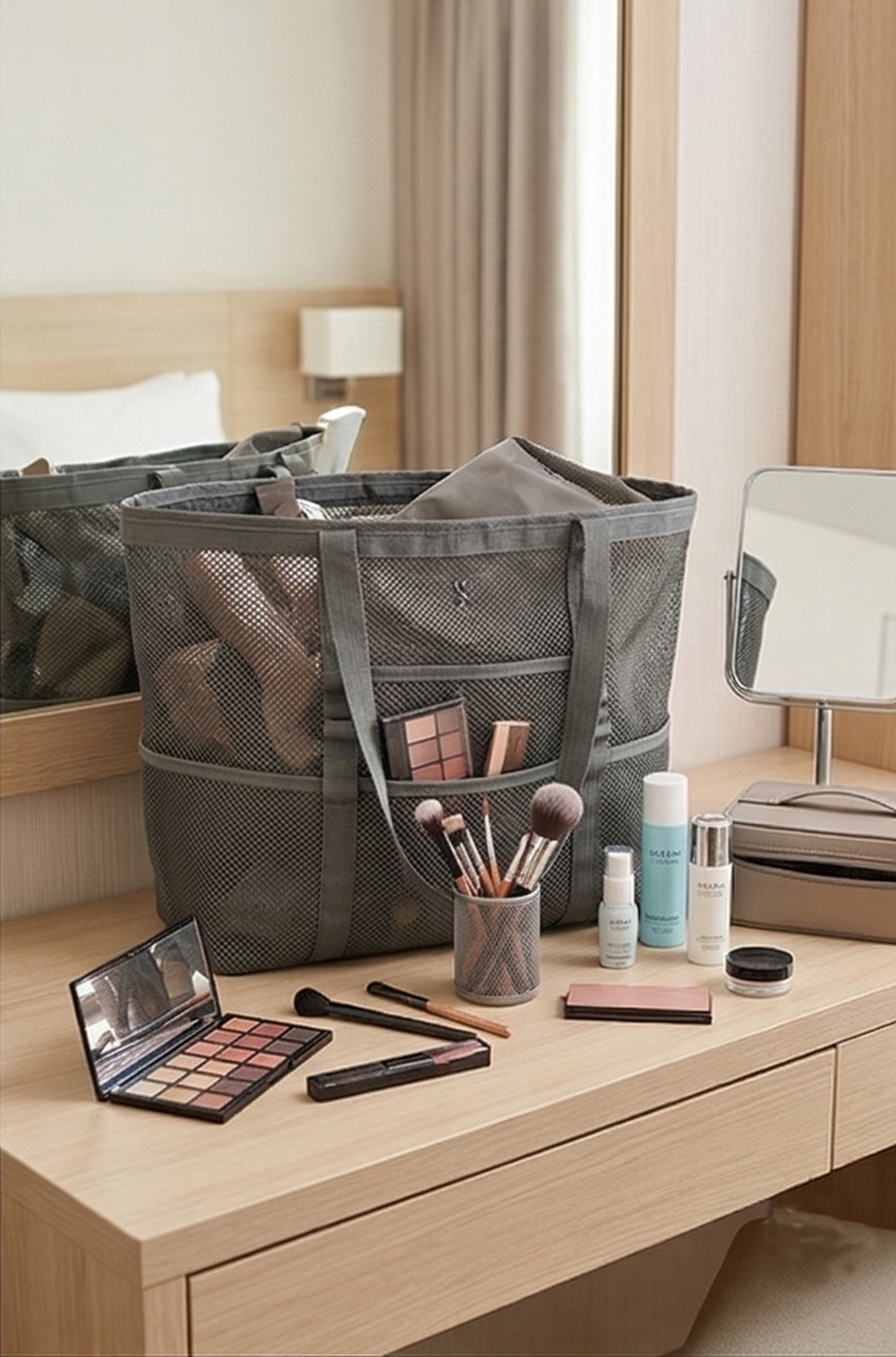 Mesh Beach Tote Bag – Portable Travel & Makeup Organizer