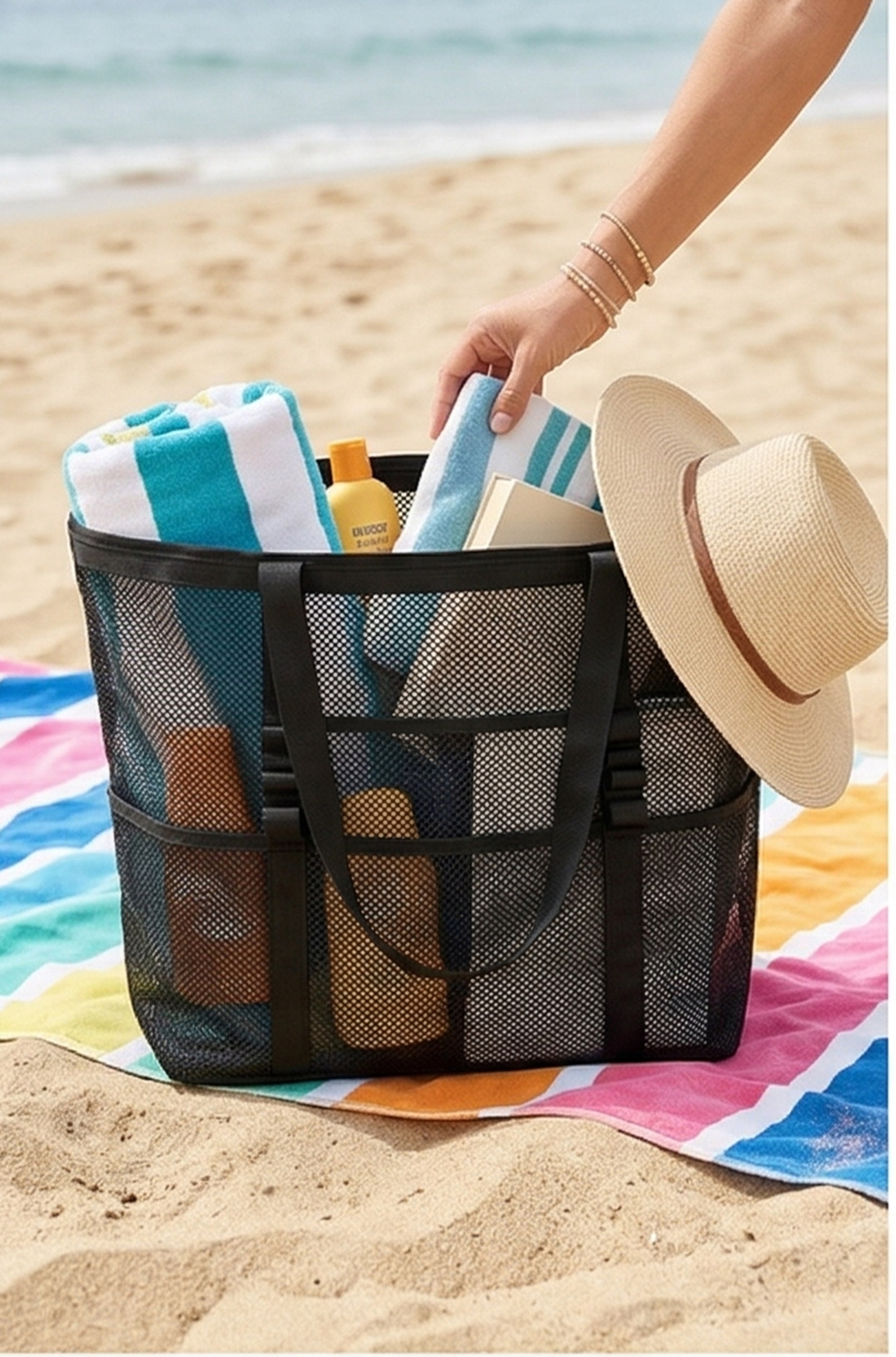 Mesh Beach Tote Bag – Portable Travel & Makeup Organizer