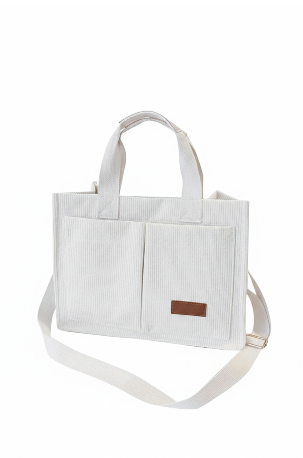 White tote bag with a brown patch on a white background