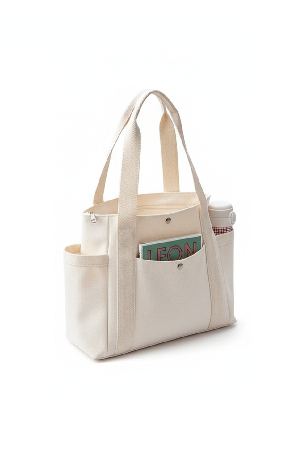 Beige tote bag with a pocket on a white background