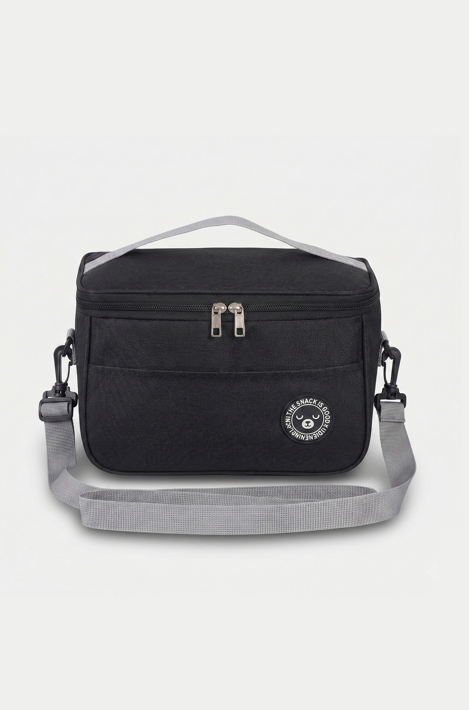 Black crossbody bag with gray strap on a white background