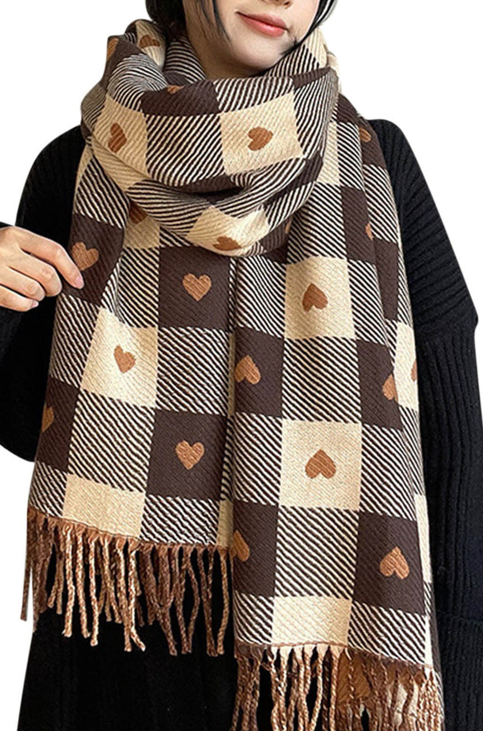 Plaid scarf with heart patterns worn by a person