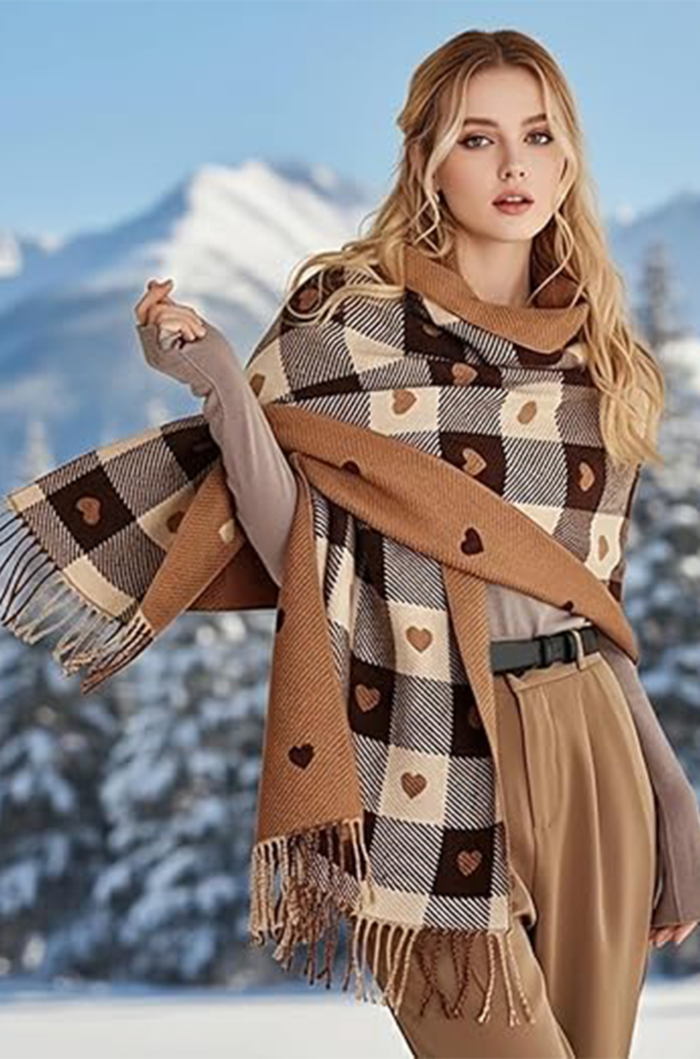 Women’s Brown Plaid Scarf – Double-Sided Heart Print