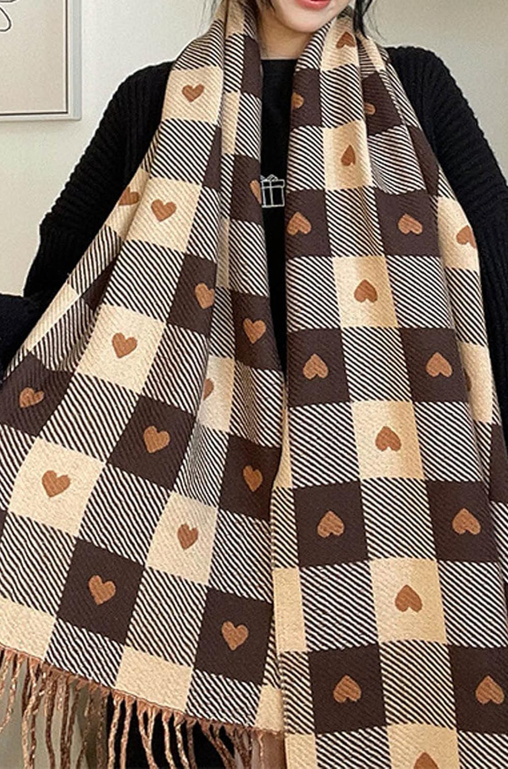 Women’s Brown Plaid Scarf – Double-Sided Heart Print