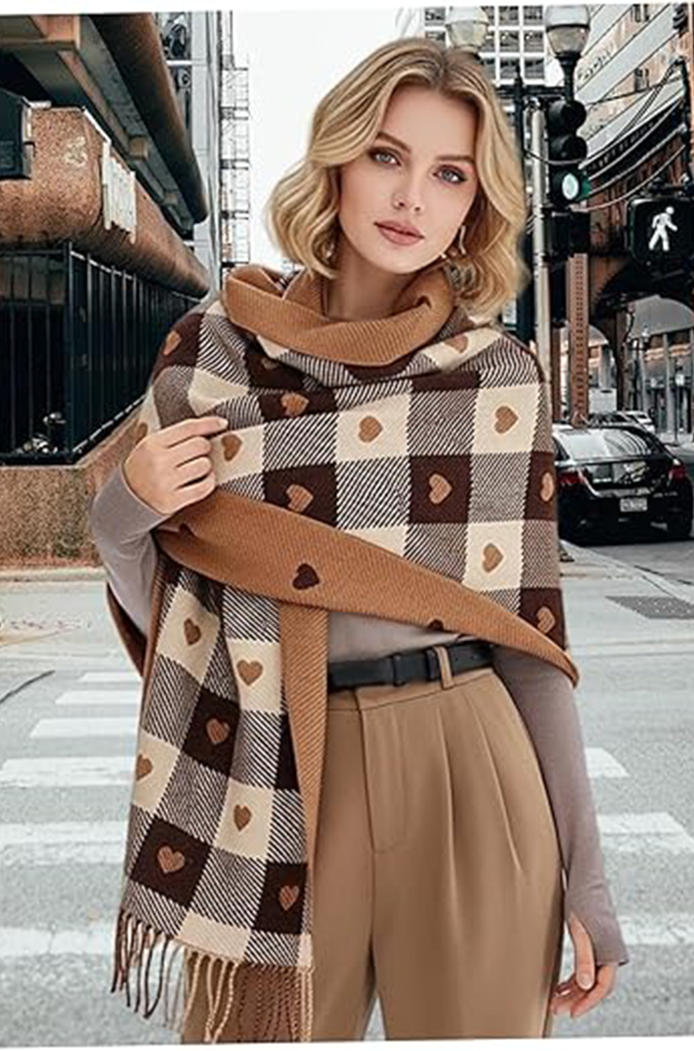 Women’s Brown Plaid Scarf – Double-Sided Heart Print
