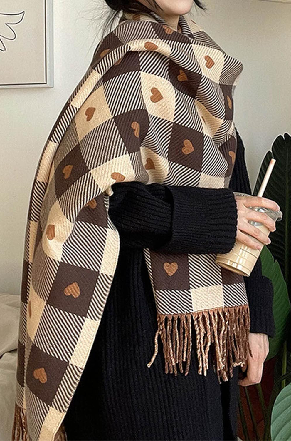 Women’s Brown Plaid Scarf – Double-Sided Heart Print