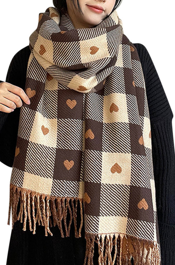 Plaid scarf with heart patterns worn by a person