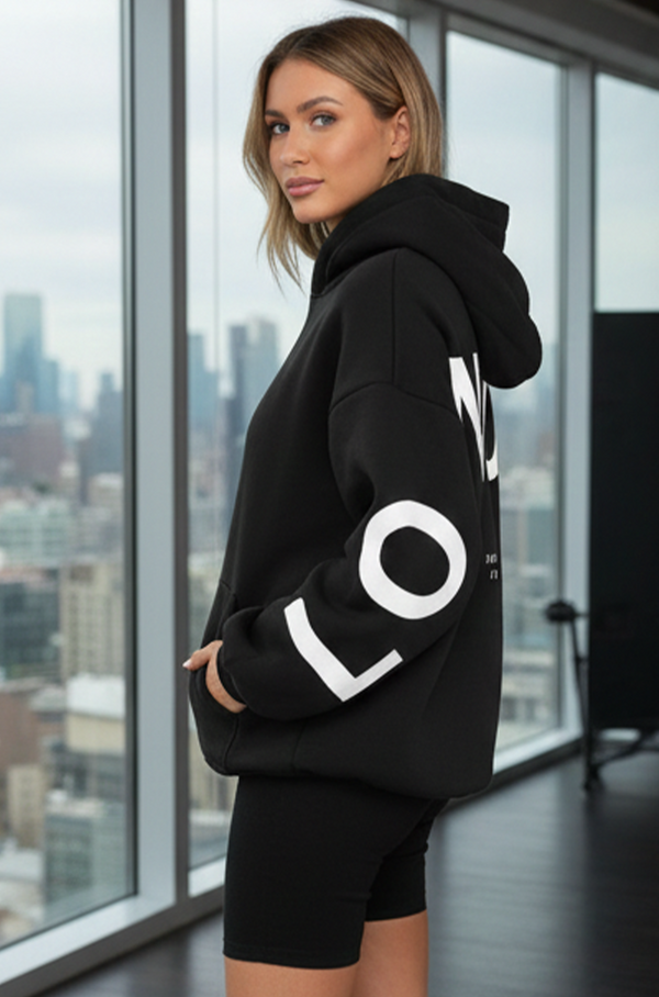 Women’s Black Letter Print Hoodie – Cozy Winter Hoodie