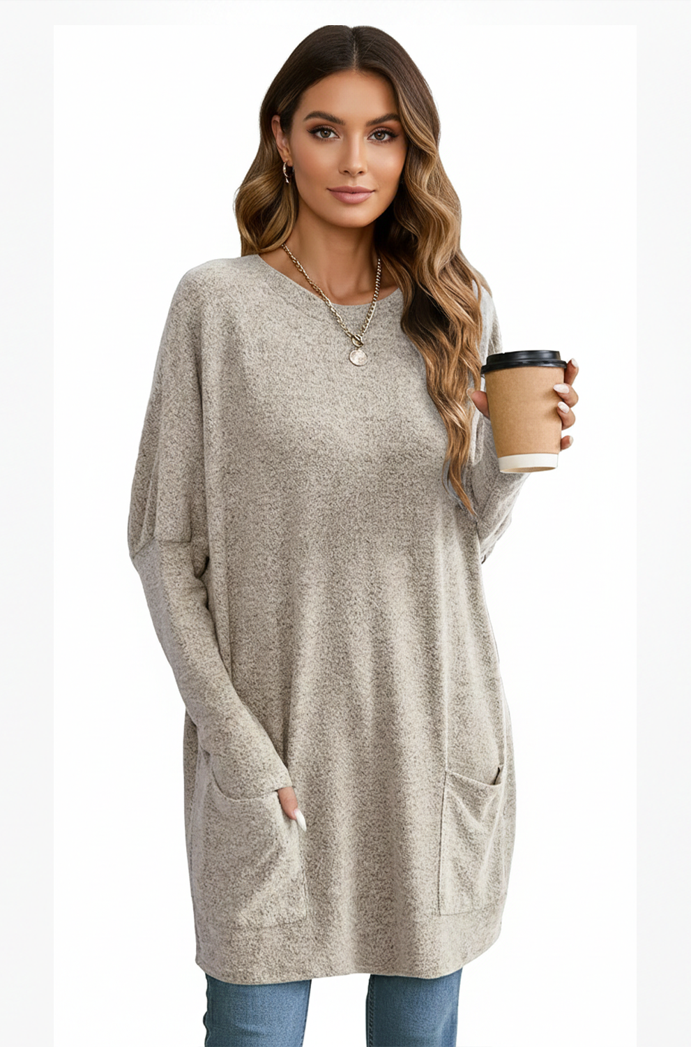 Women’s Long Tunic Sweatshirt – Casual Oversized Crew Neck with Pockets