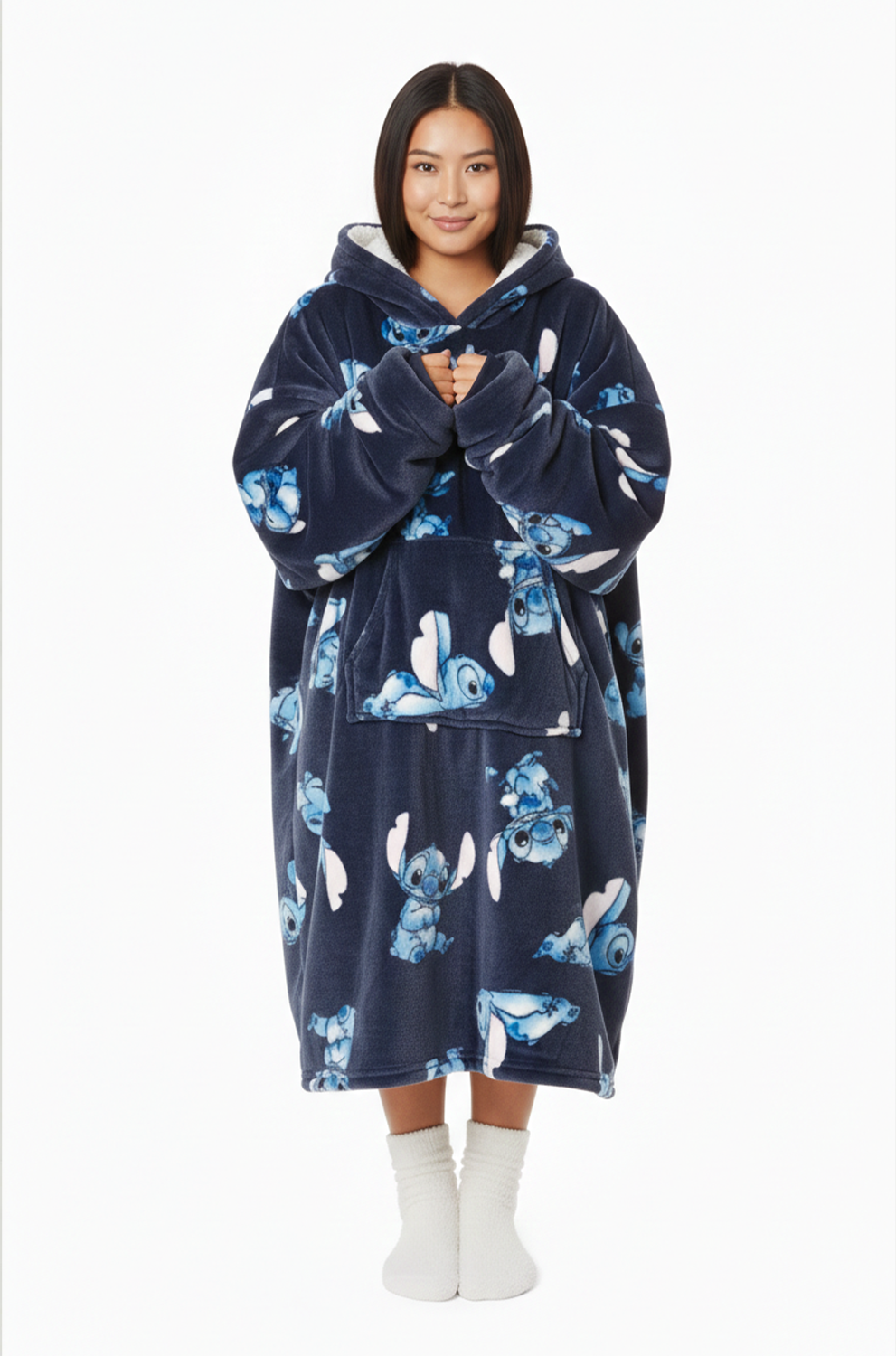 Person wearing a navy blue hoodie with cartoon character design on a white background