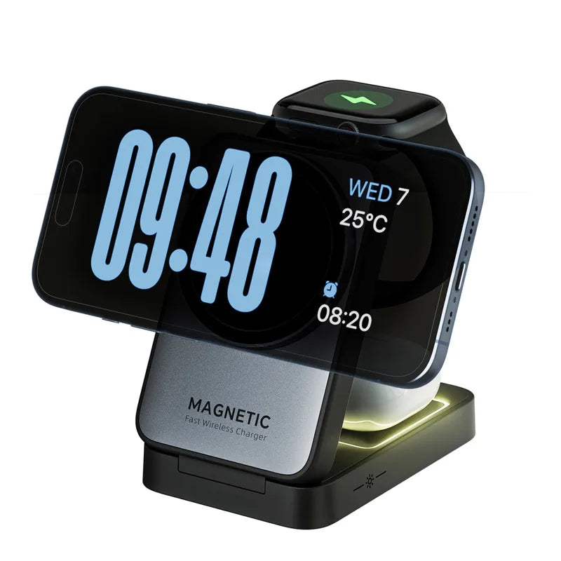 Revolutionary 3-in-1 Magnetic Wireless Charger Stand for iPhone 15/14/13/12, Apple Watch, and AirPods Pro - Fast Charging Made Easy!