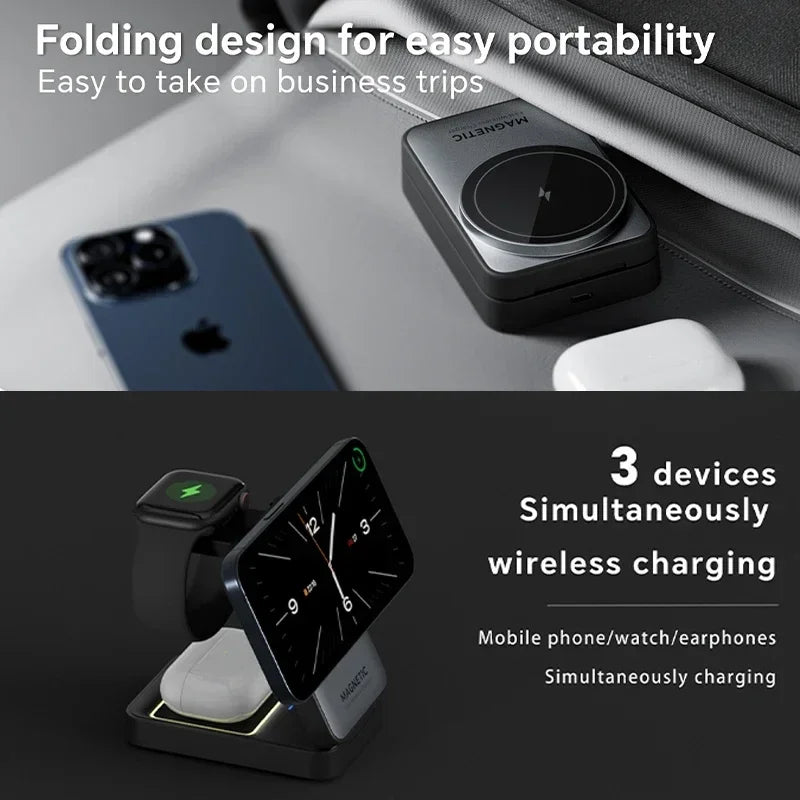 Revolutionary 3-in-1 Magnetic Wireless Charger Stand for iPhone 15/14/13/12, Apple Watch, and AirPods Pro - Fast Charging Made Easy!