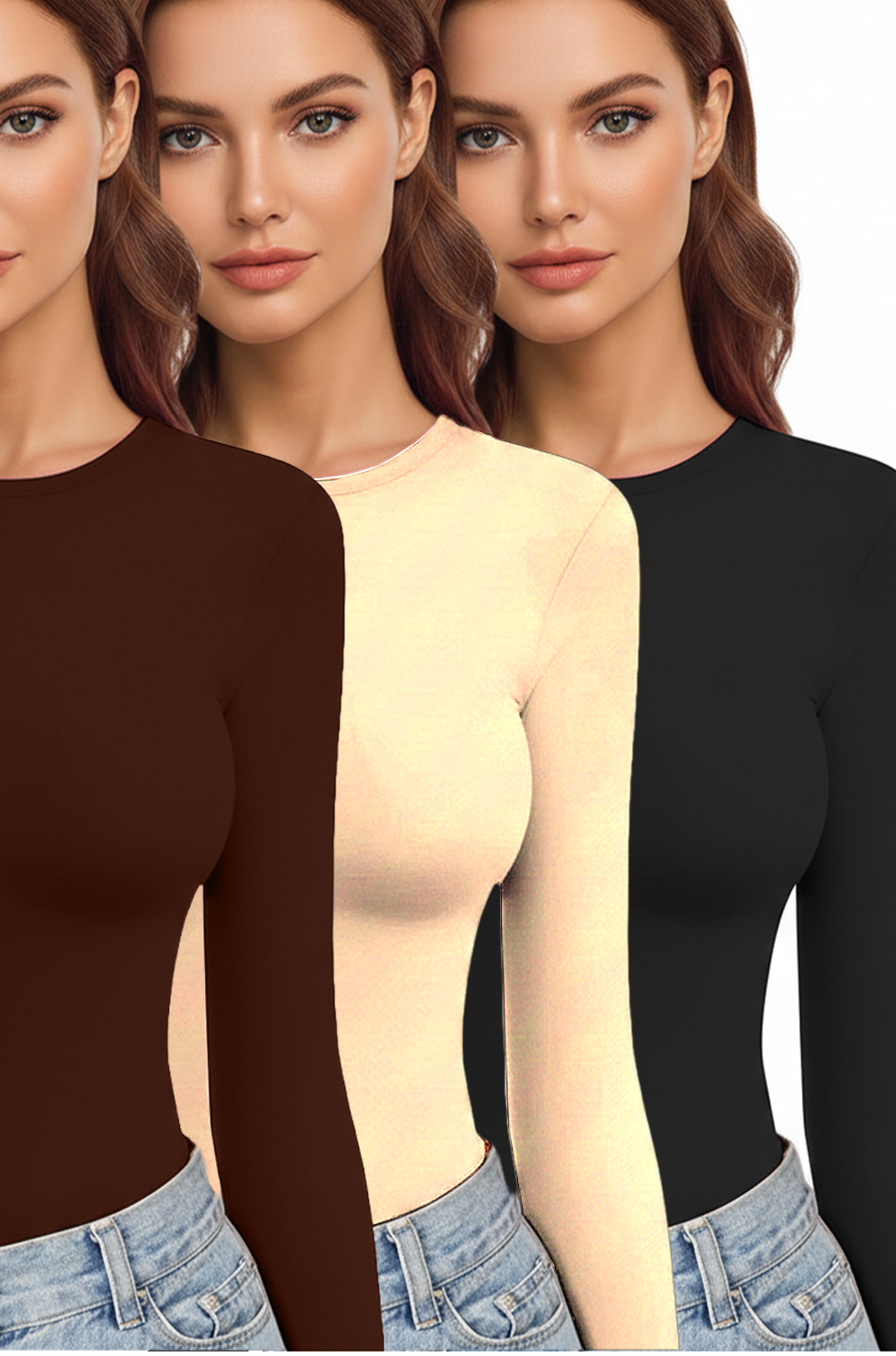 Women’s 3-Pack Long Sleeve Crew Neck Thermal Tops – Stretch Fitted Layering Shirts