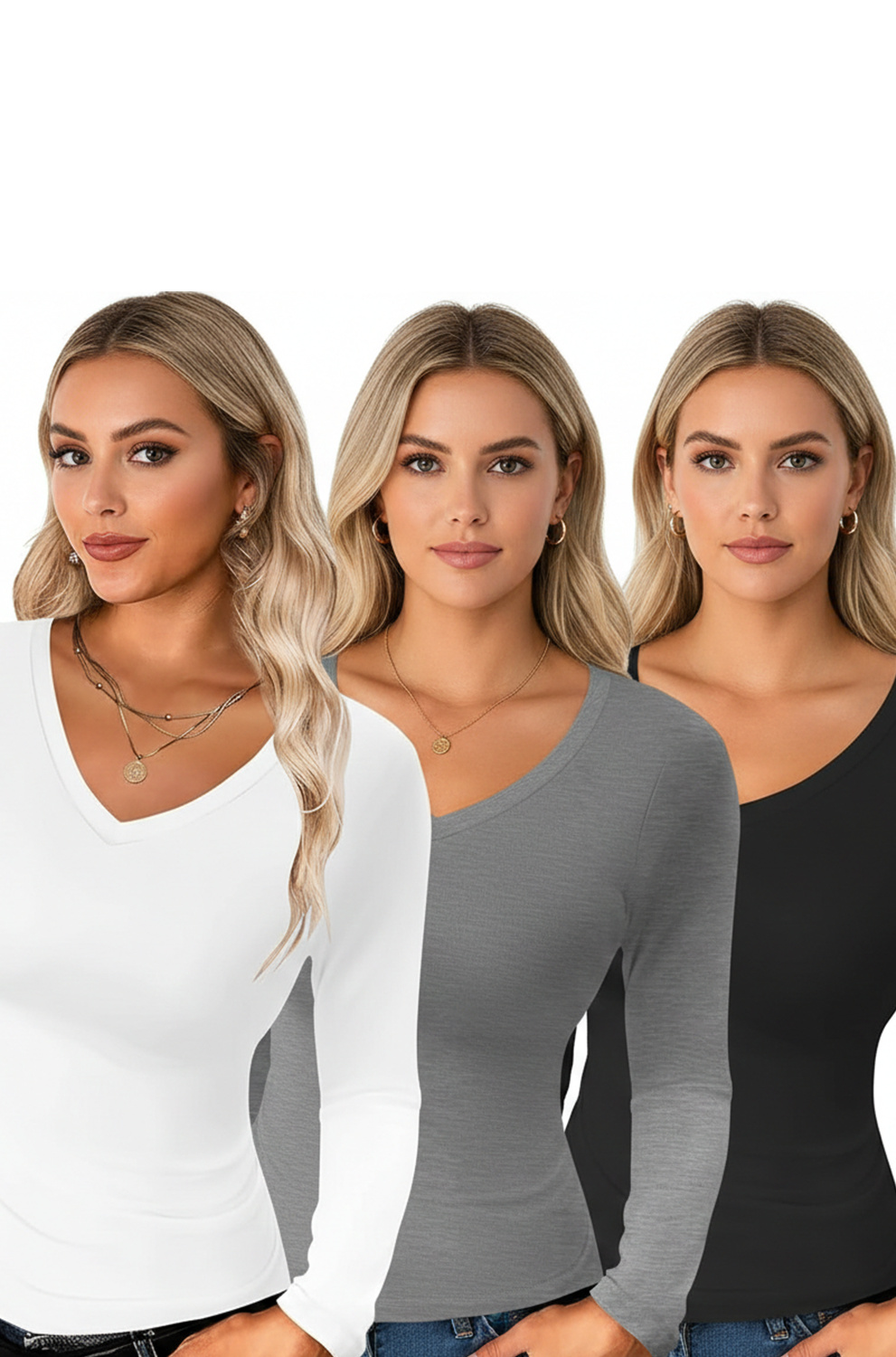 Women’s 3-Pack Long Sleeve V-Neck Tops – Slim Fit Thermal Layering Shirts