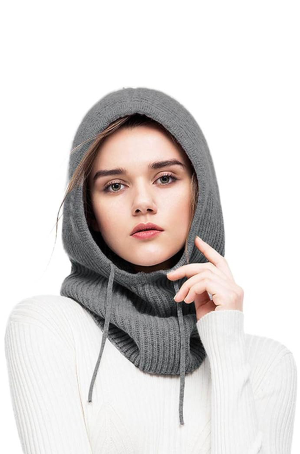 Women’s Winter Balaclava Knit Beanie – Drawstring Hooded Scarf Hat