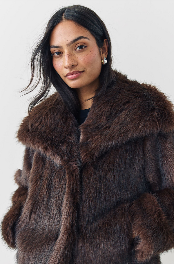 Women’s Brown Faux Fur Coat – Elegant Winter Outerwear