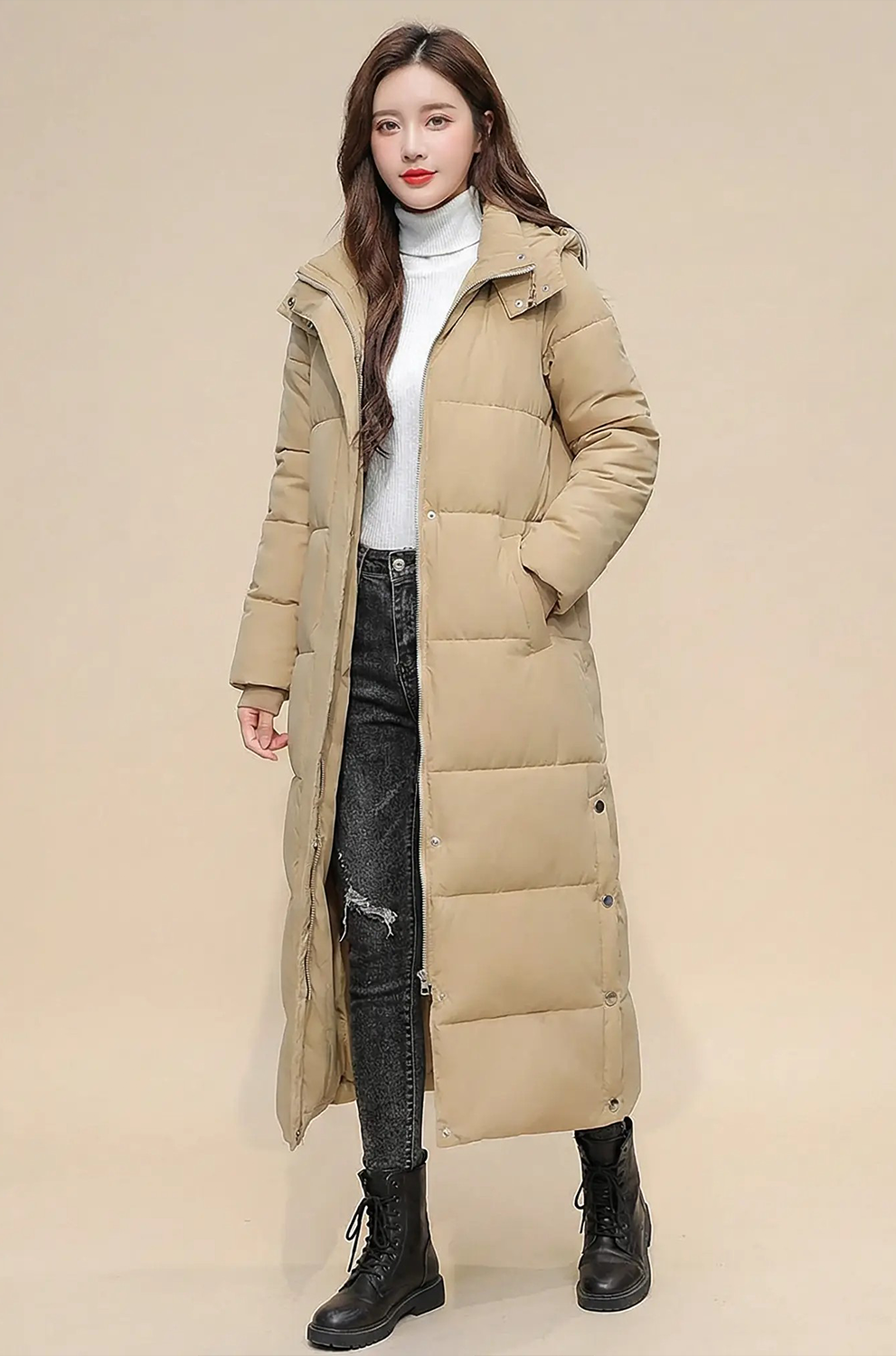 Women’s Beige Padded Parka Long Overcoat – Warm Winter Jacket