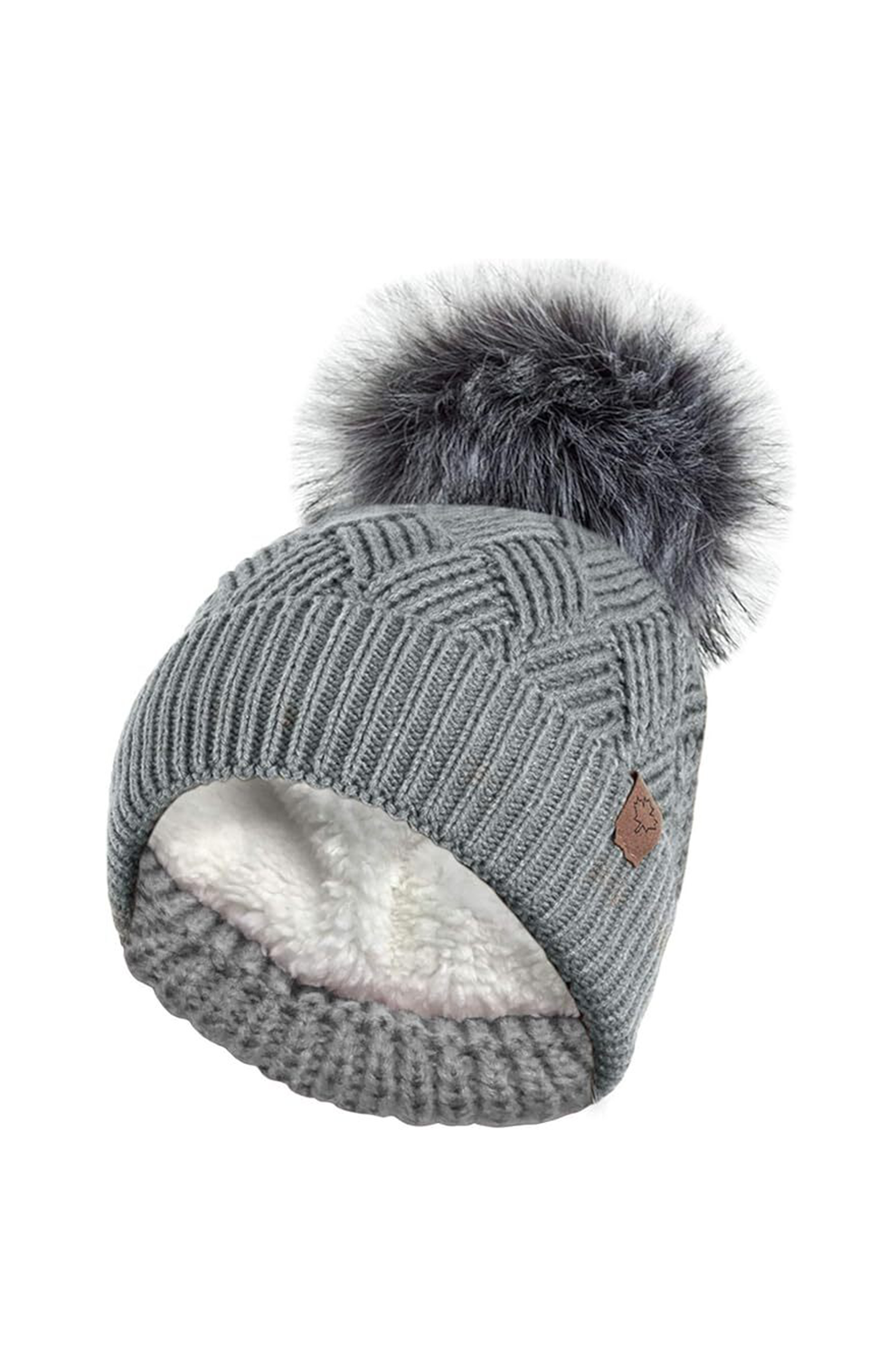 Women’s Chunky Cable Knit Hat – Thermal Fleece Lined with Detachable Faux Fur Pom Pom