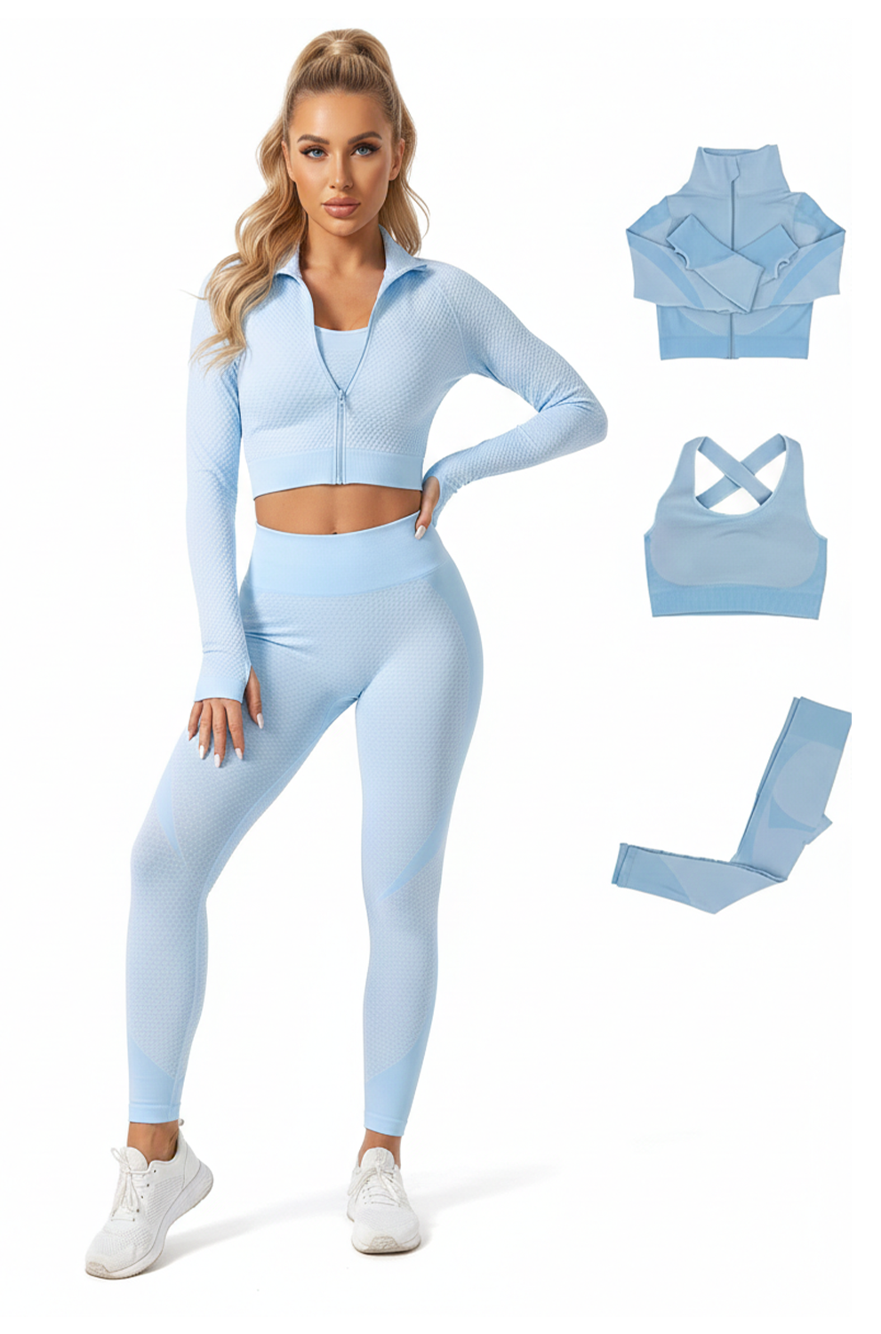 Women’s Light Blue 3pcs Tracksuit Set – Casual Loungewear