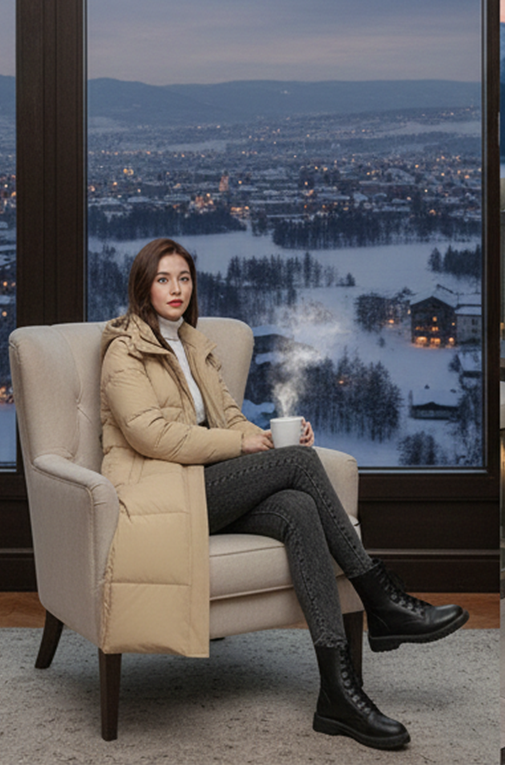 Women’s Beige Padded Parka Long Overcoat – Warm Winter Jacket