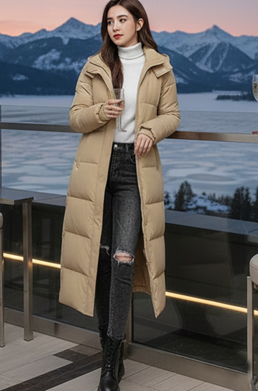 Women’s Beige Padded Parka Long Overcoat – Warm Winter Jacket