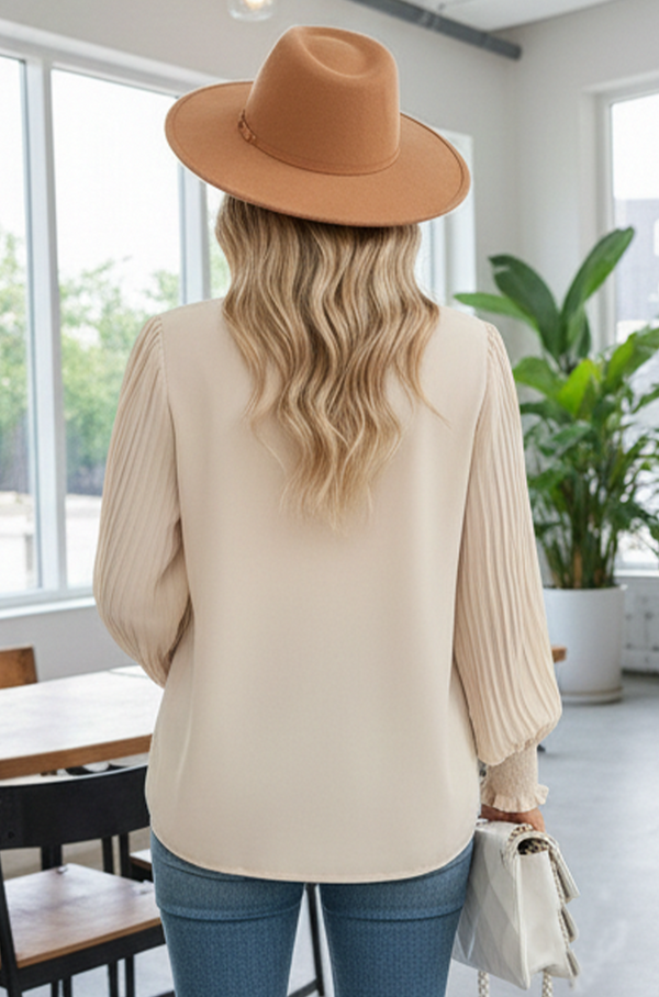 Women’s V-Neck Chiffon Blouse – Pleated Lantern Sleeve Loose Fit Top