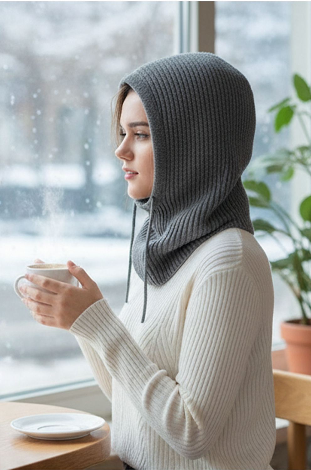 Women’s Winter Balaclava Knit Beanie – Drawstring Hooded Scarf Hat