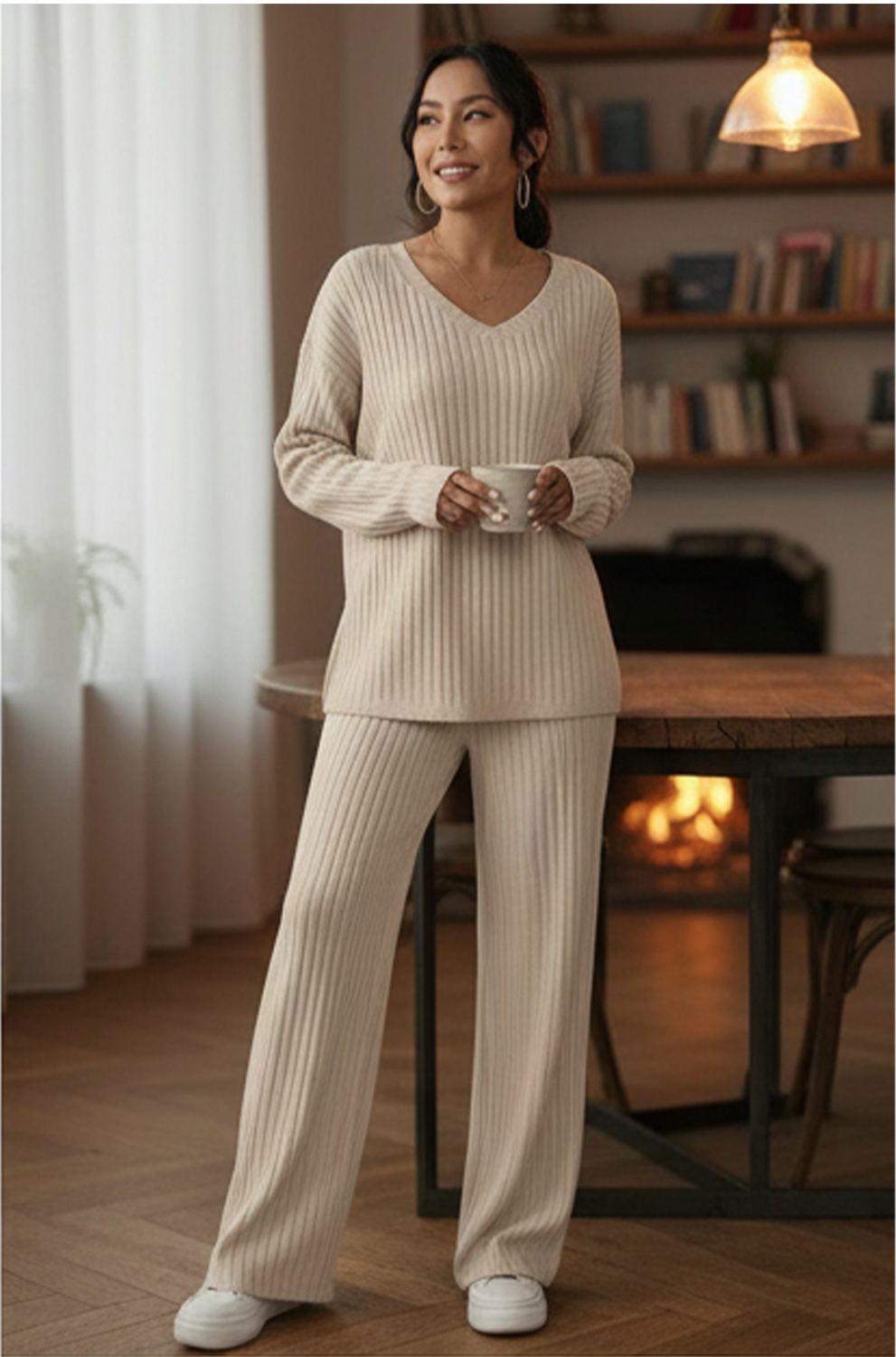 Women’s Beige 2-Piece Co-Ord Lounge Set – Comfortable Casual Wear