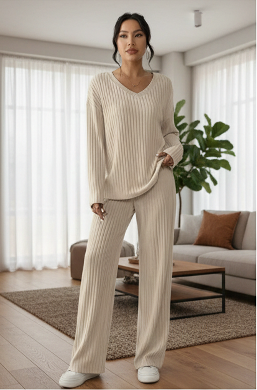 Women’s Beige 2-Piece Co-Ord Lounge Set – Comfortable Casual Wear