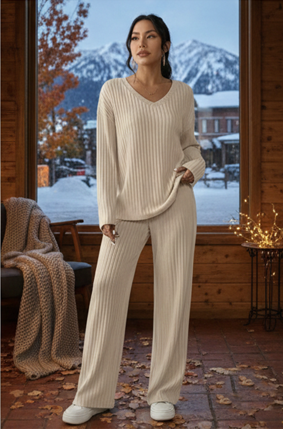 Women’s Beige 2-Piece Co-Ord Lounge Set – Comfortable Casual Wear