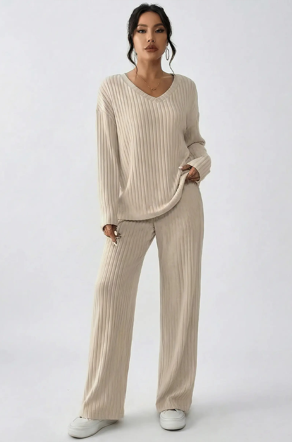 Women’s Beige 2-Piece Co-Ord Lounge Set – Comfortable Casual Wear