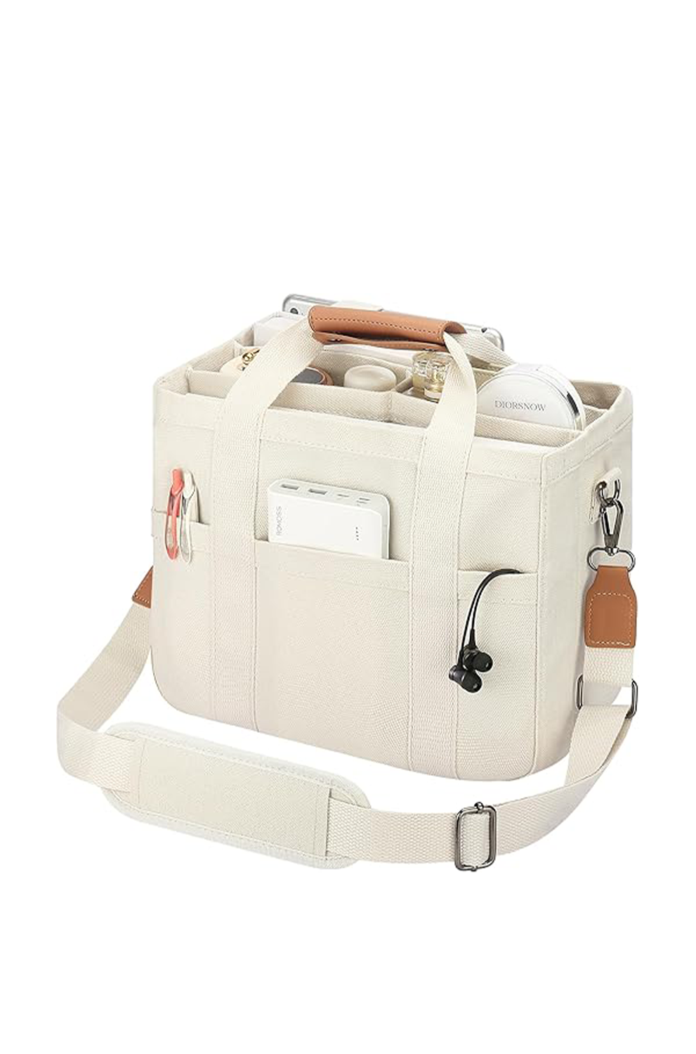 Beige handbag with brown accents on a white background