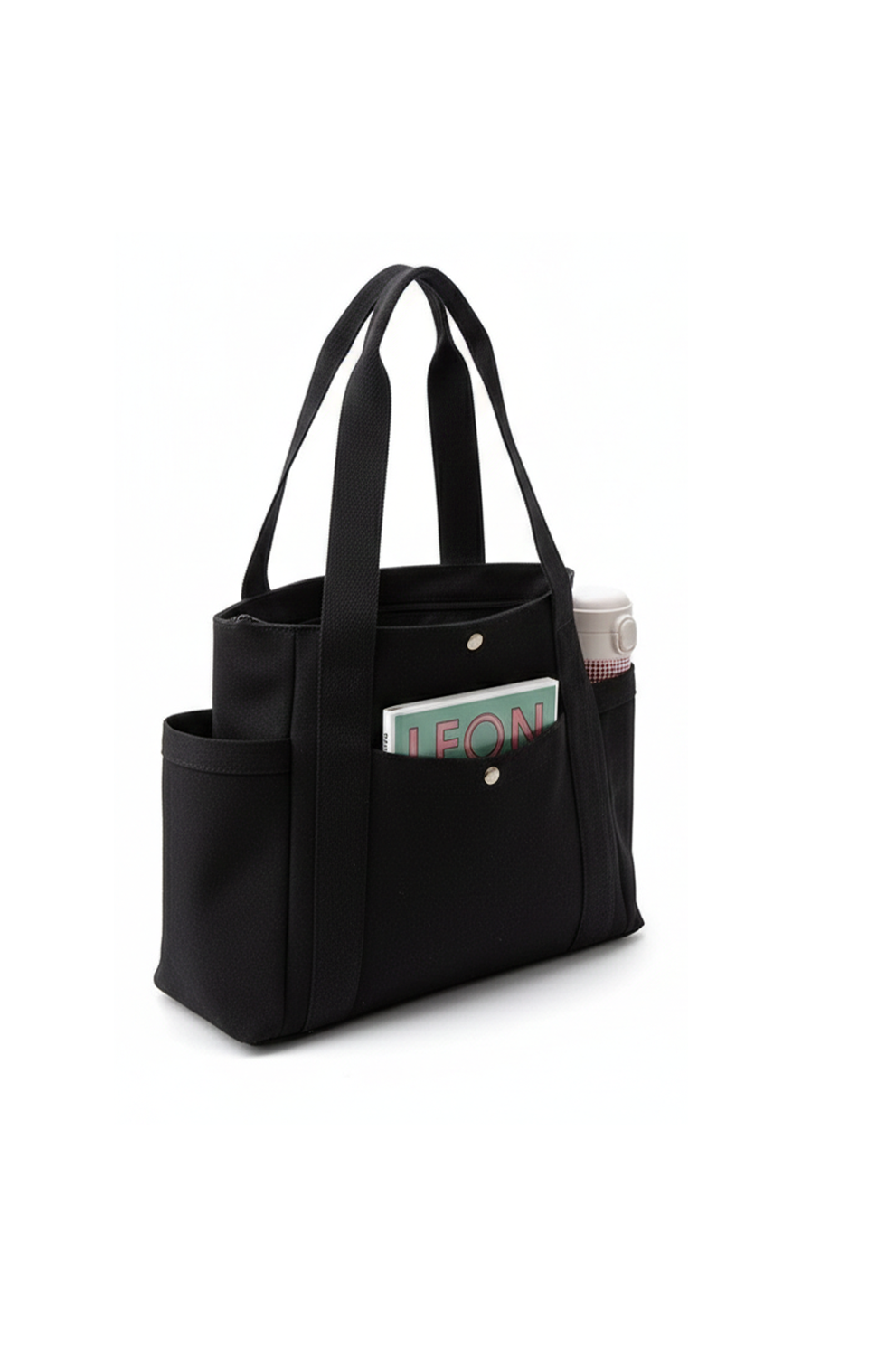 Black tote bag with multiple pockets on a white background