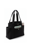 Black tote bag with multiple pockets on a white background