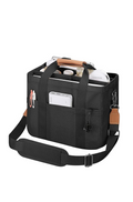 Black bag with compartments and a shoulder strap on a white background