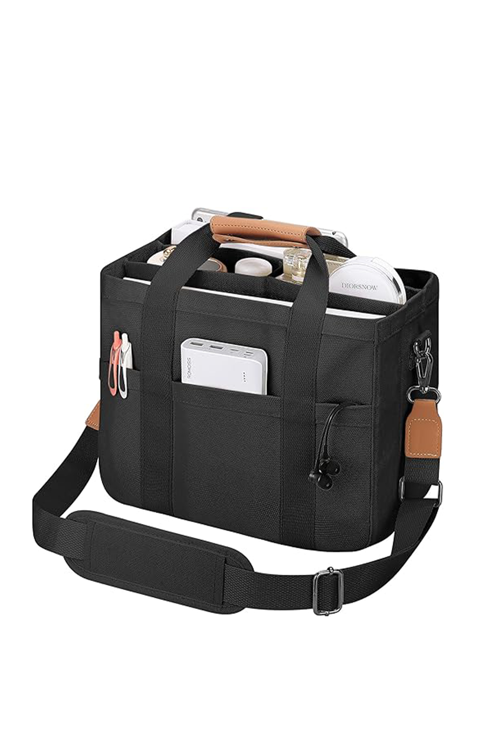 Black bag with compartments and a shoulder strap on a white background