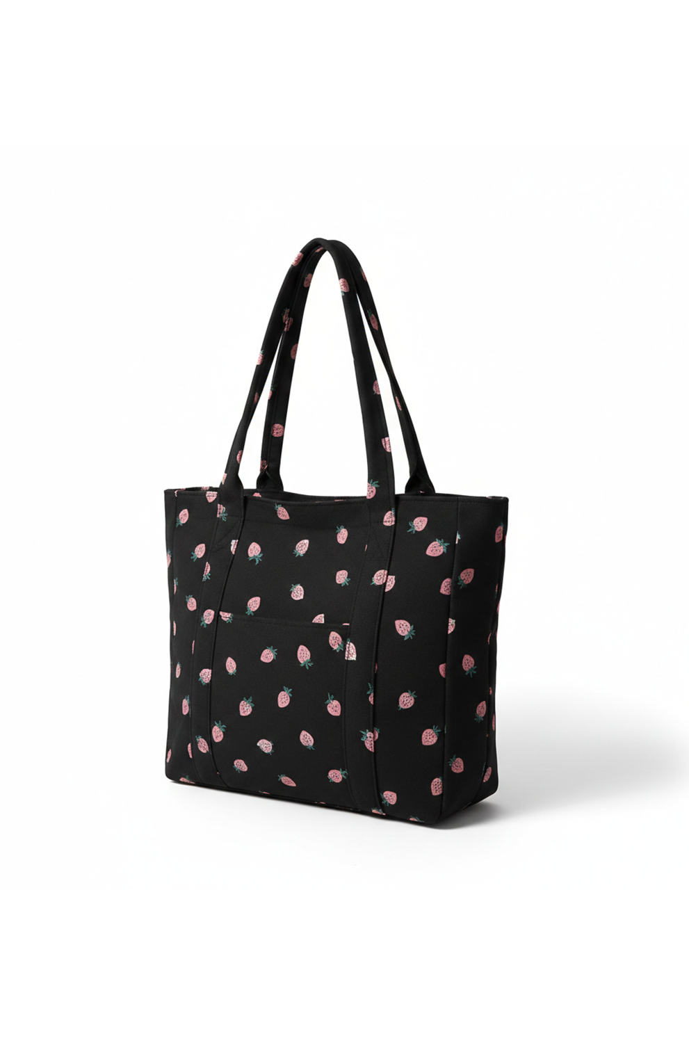 Black tote bag with pink floral pattern on a white background