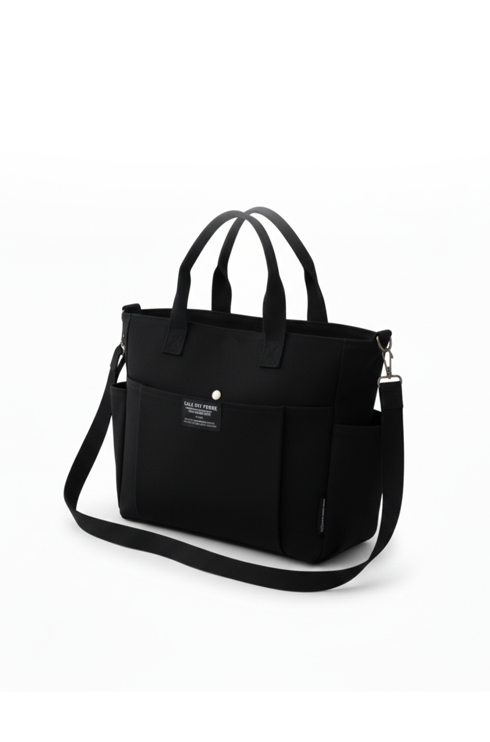 Black tote bag with shoulder strap on a white background