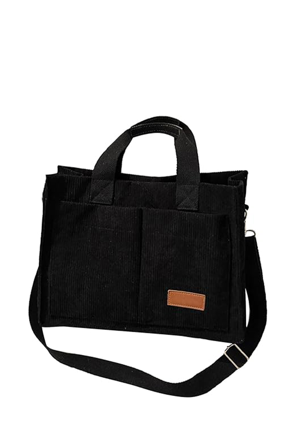 Black tote bag with a brown patch on a white background