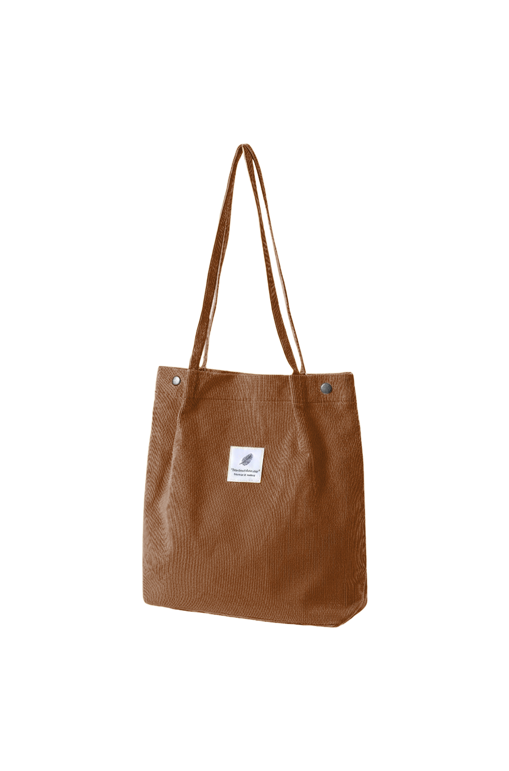 Brown tote bag with a small white label on a white background