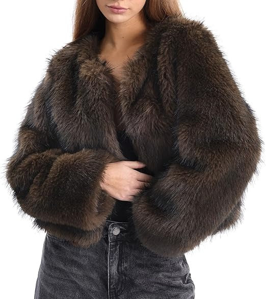 Women’s Faux Fur Coat with Pockets – Plush Warm Open Front Winter Jacket