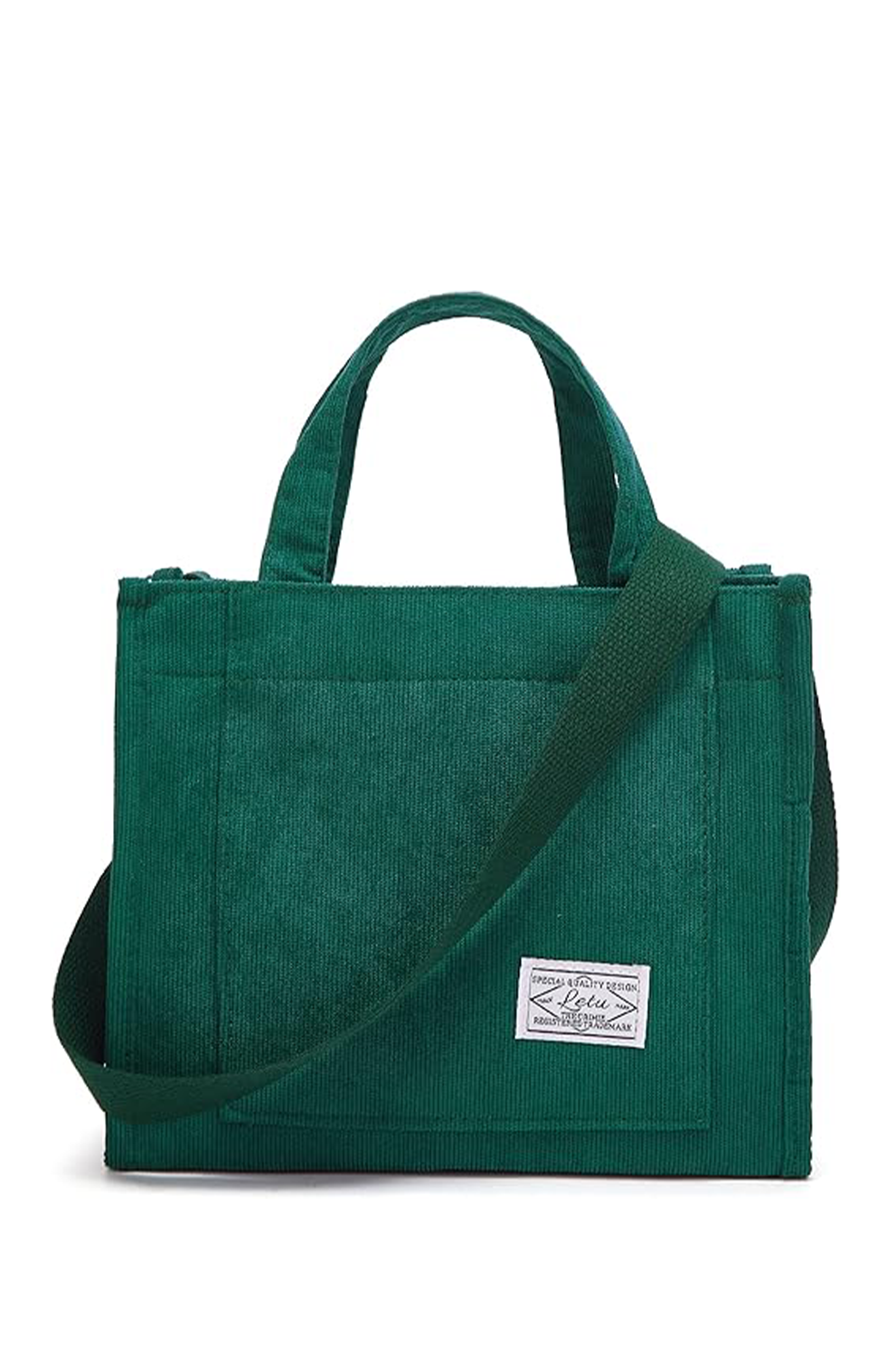 Green tote bag with a shoulder strap on a white background