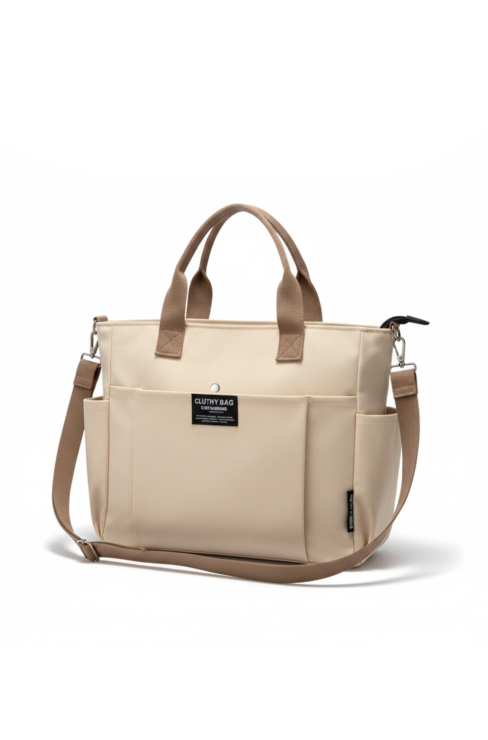 Beige tote bag with brown straps on a white background