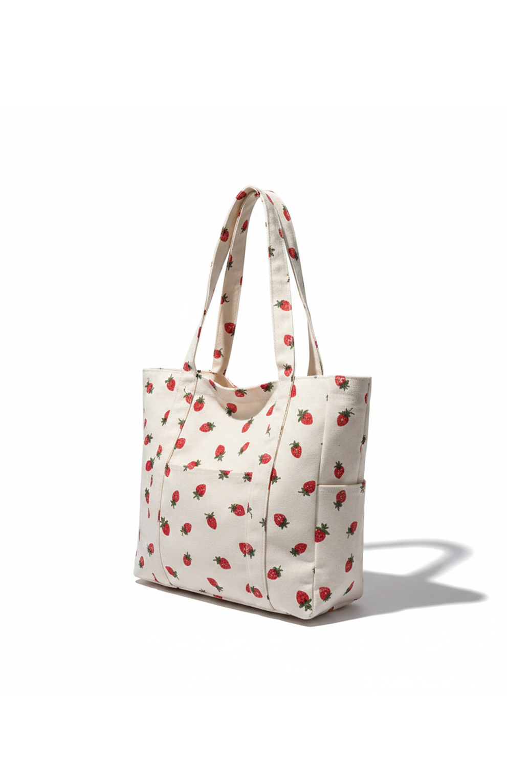 Tote bag with strawberry pattern on a white background