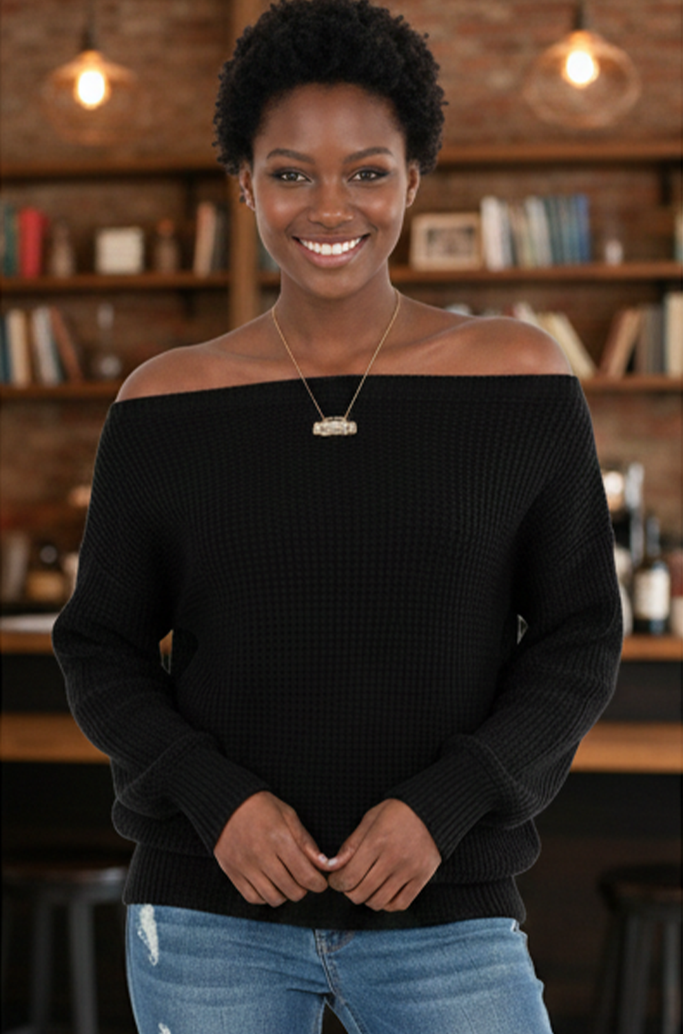 Women’s Black One-Shoulder Long Sleeve Knitted Sweater – Stylish Winter Top