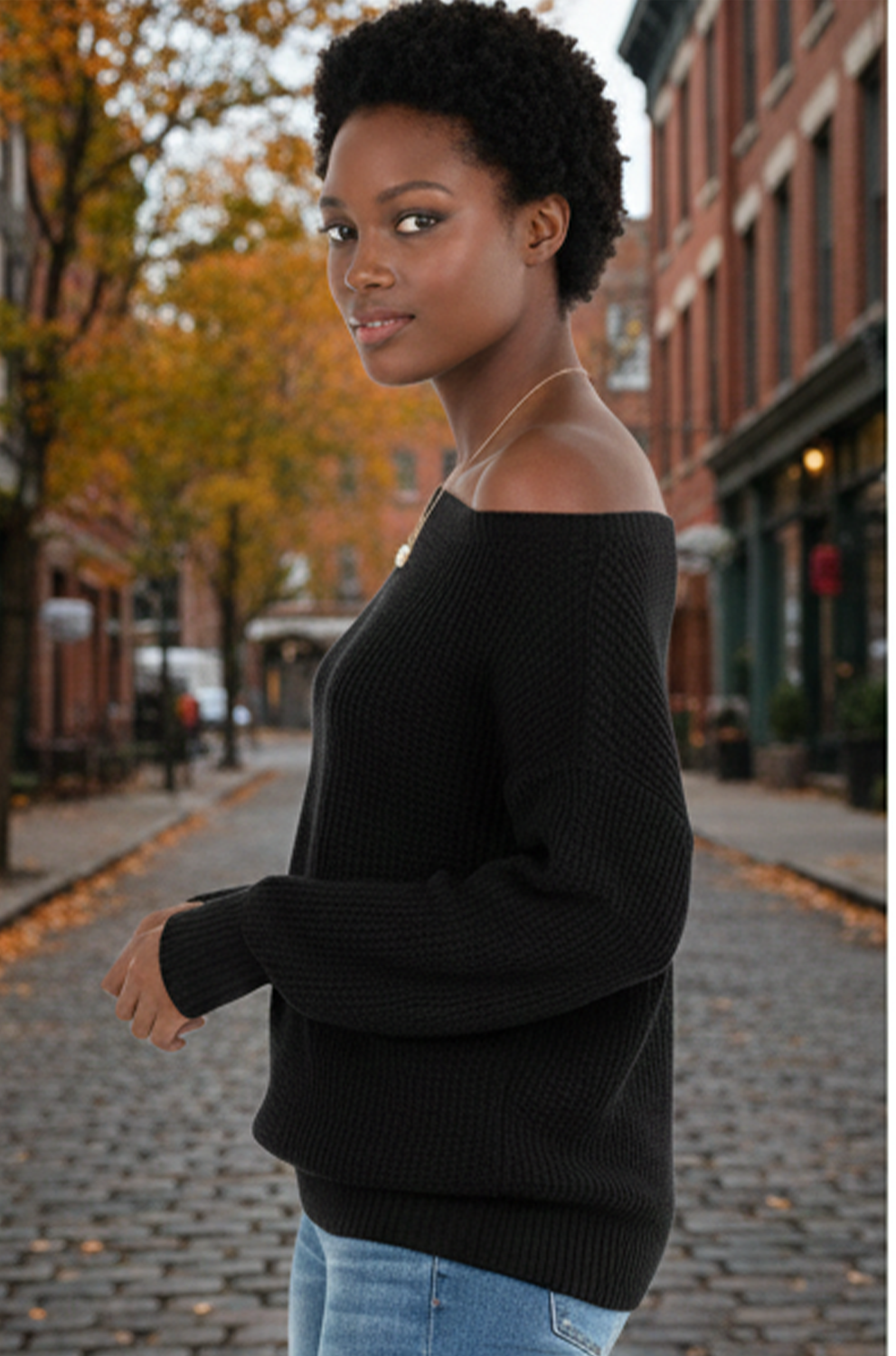 Women’s Black One-Shoulder Long Sleeve Knitted Sweater – Stylish Winter Top