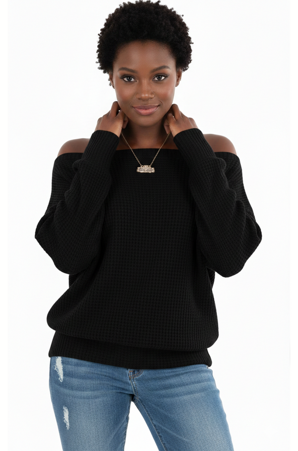 Women’s Black One-Shoulder Long Sleeve Knitted Sweater – Stylish Winter Top